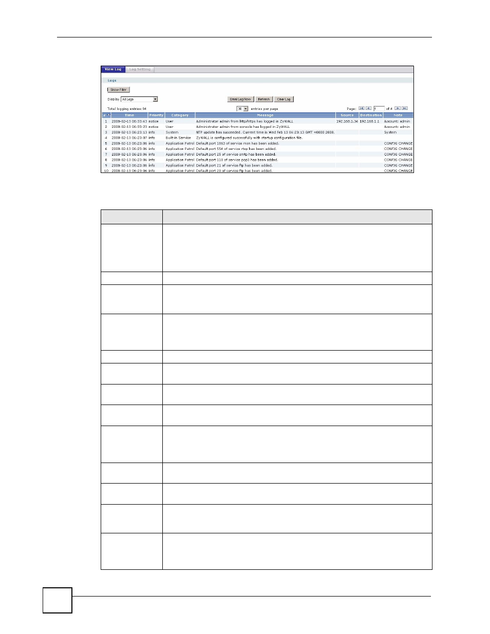 Figure 538 maintenance > log > view log, Table 253 maintenance > log > view log | ZyXEL Communications 200 Series User Manual | Page 716 / 902