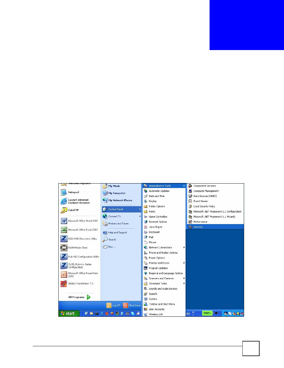 Displaying anti-virus alert messages in windows, Figure 556 windows xp: opening the services window | ZyXEL Communications 200 Series User Manual | Page 819 / 902