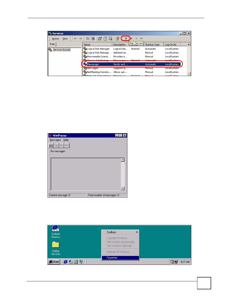Figure 560 windows 98 se: winpopup, Figure 561 windows 98 se: program task bar, Windows 98 se/me | ZyXEL Communications 200 Series User Manual | Page 821 / 902