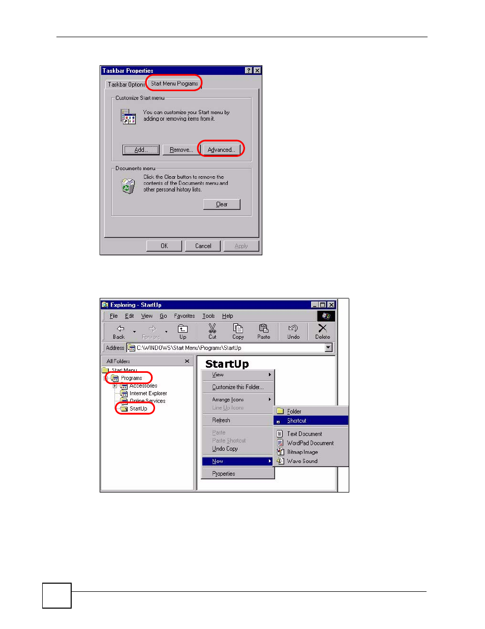 Figure 562 windows 98 se: task bar properties, Figure 563 windows 98 se: startup | ZyXEL Communications 200 Series User Manual | Page 822 / 902