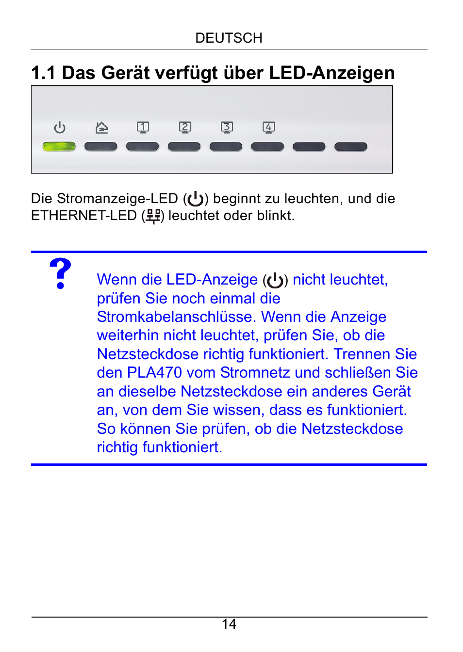 1 das gerät verfügt über led-anzeigen | ZyXEL Communications PLA470 Series User Manual | Page 14 / 58