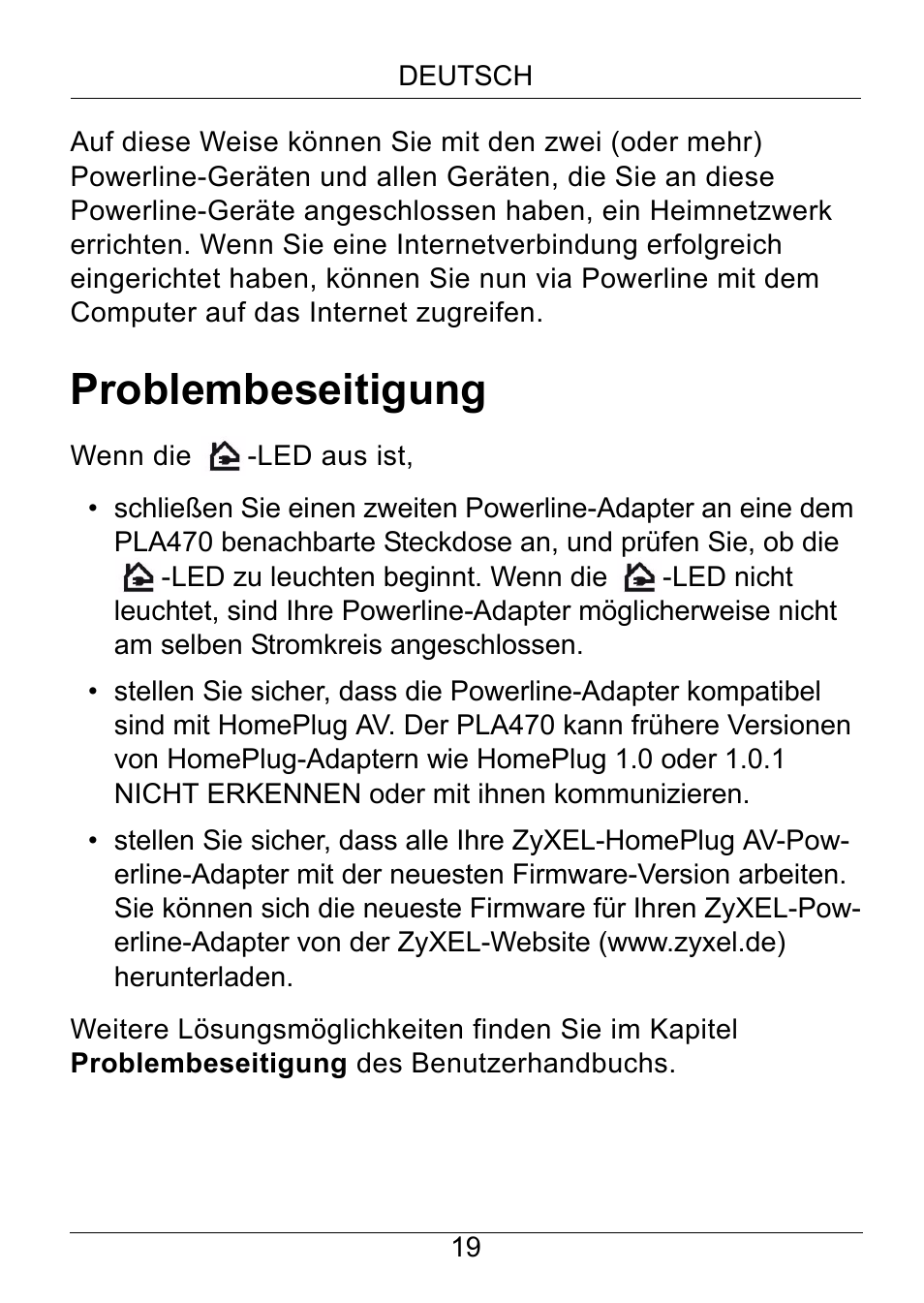 Problembeseitigung | ZyXEL Communications PLA470 Series User Manual | Page 19 / 58