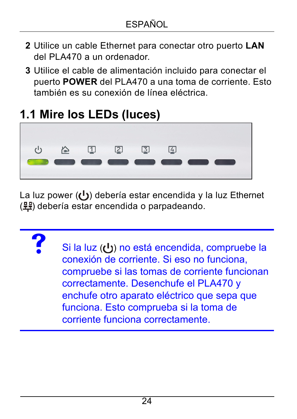 1 mire los leds (luces) | ZyXEL Communications PLA470 Series User Manual | Page 24 / 58