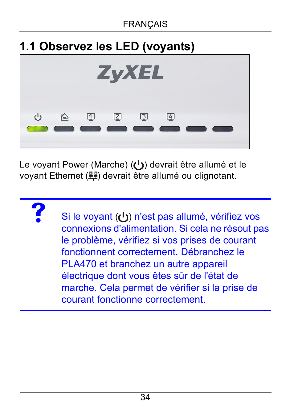 1 observez les led (voyants) | ZyXEL Communications PLA470 Series User Manual | Page 34 / 58