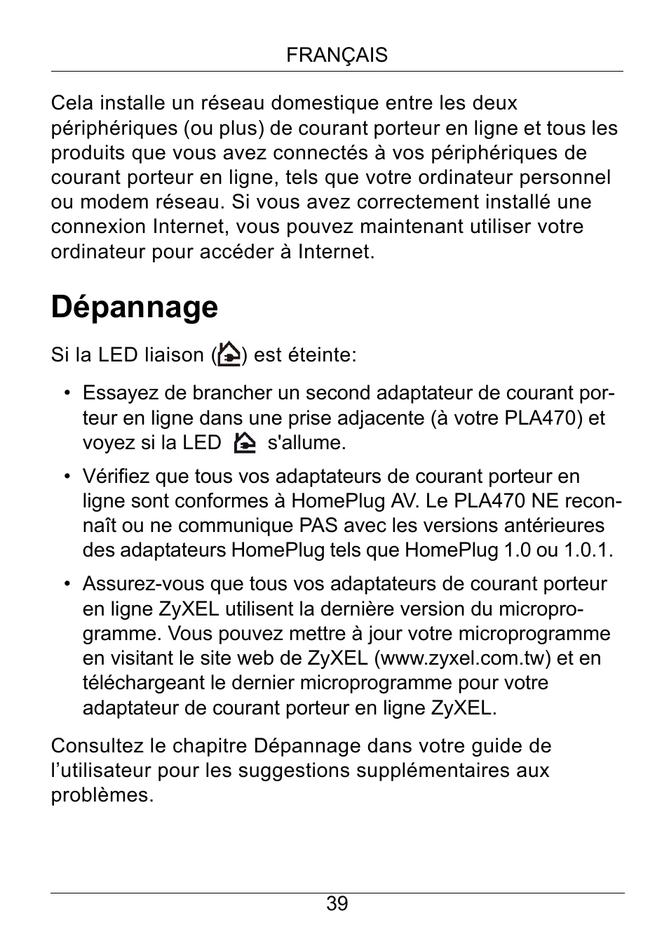 Dépannage | ZyXEL Communications PLA470 Series User Manual | Page 39 / 58