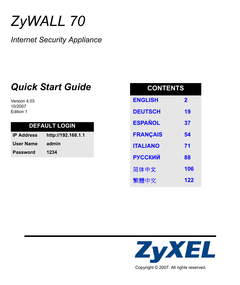ZyXEL Communications ZyXEL ZyWALL 70 User Manual | 137 pages