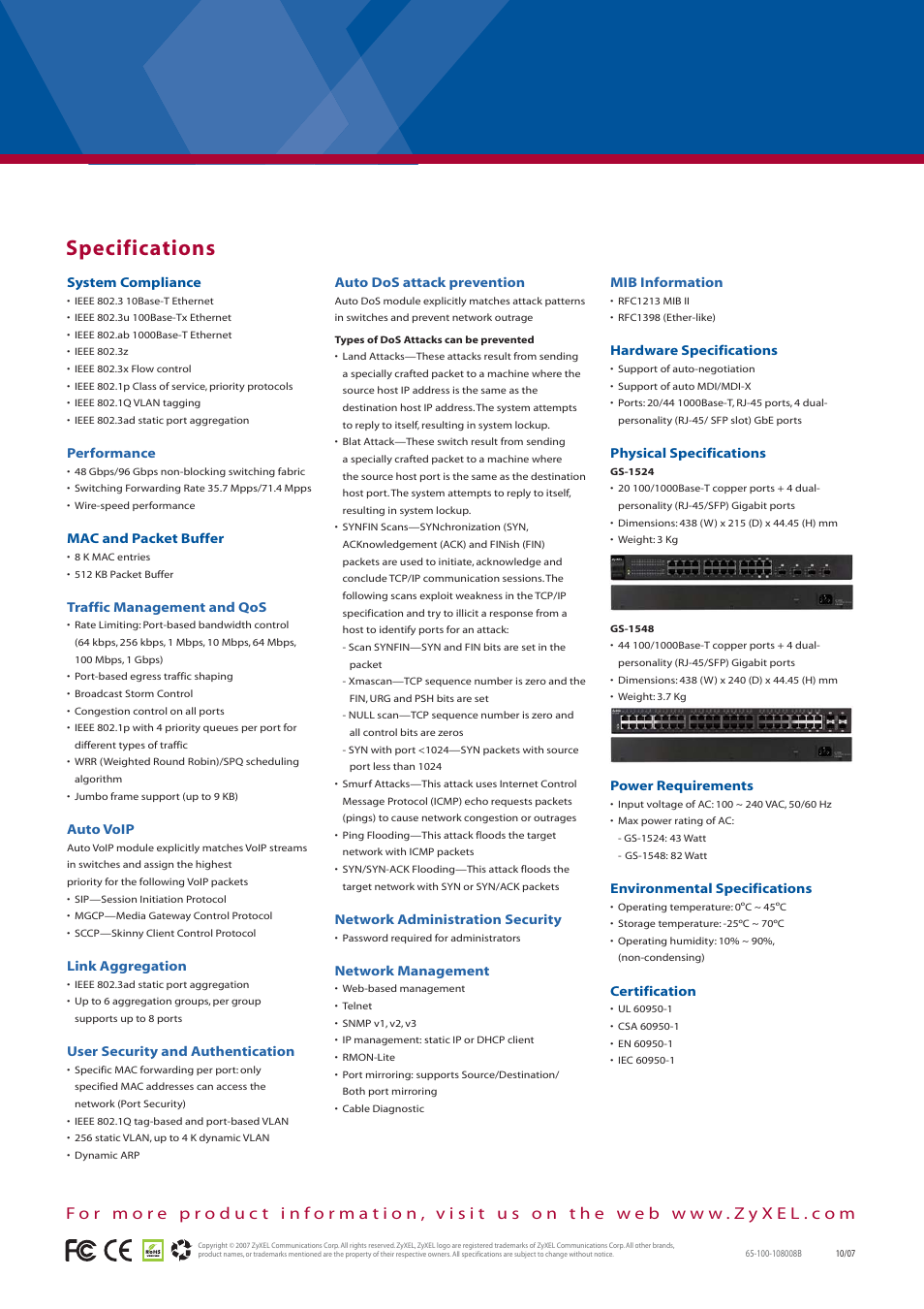 Specifications | ZyXEL Communications GS-1548 User Manual | Page 2 / 2