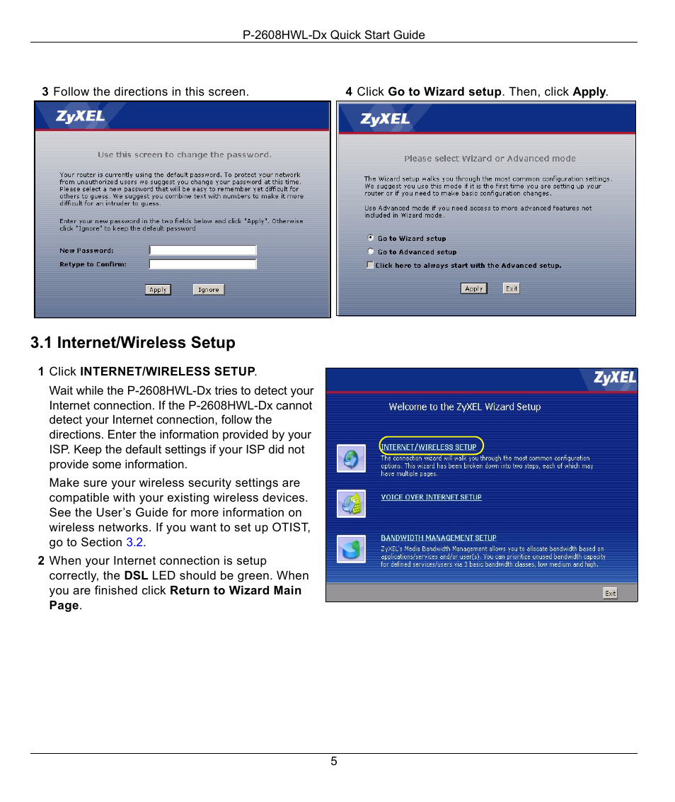 1 internet/wireless setup | ZyXEL Communications P-2608HWL-DX User Manual | Page 5 / 8