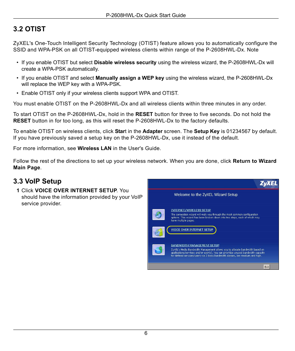 2 otist, 3 voip setup | ZyXEL Communications P-2608HWL-DX User Manual | Page 6 / 8