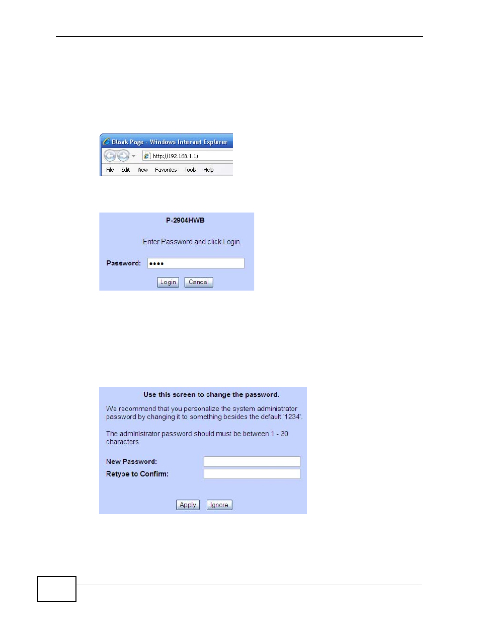 2 accessing the web configurator | ZyXEL Communications P-2900-4HB User Manual | Page 22 / 126