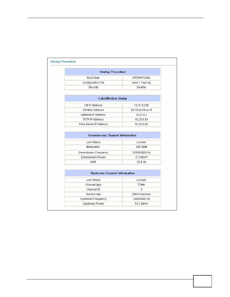 2 viewing the cable modem status screen | ZyXEL Communications P-2900-4HB User Manual | Page 33 / 126