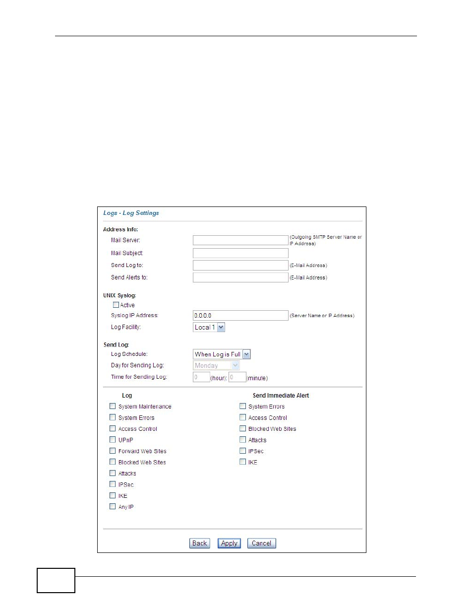 2 the log settings screen | ZyXEL Communications P-2900-4HB User Manual | Page 76 / 126