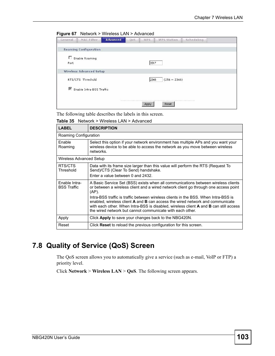 8 quality of service (qos) screen, Figure 67 network > wireless lan > advanced, Table 35 network > wireless lan > advanced | ZyXEL Communications NBG420N User Manual | Page 103 / 340