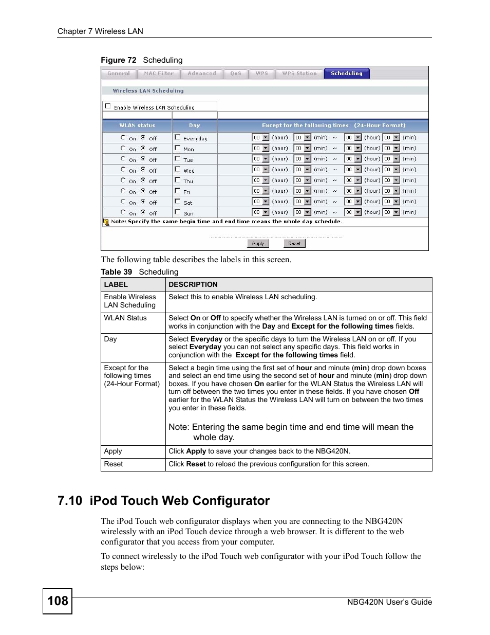 10 ipod touch web configurator, Figure 72 scheduling, Table 39 scheduling | ZyXEL Communications NBG420N User Manual | Page 108 / 340