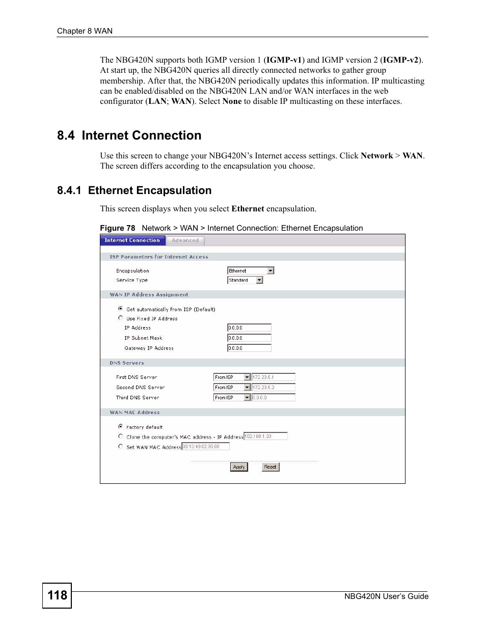 4 internet connection, 1 ethernet encapsulation | ZyXEL Communications NBG420N User Manual | Page 118 / 340