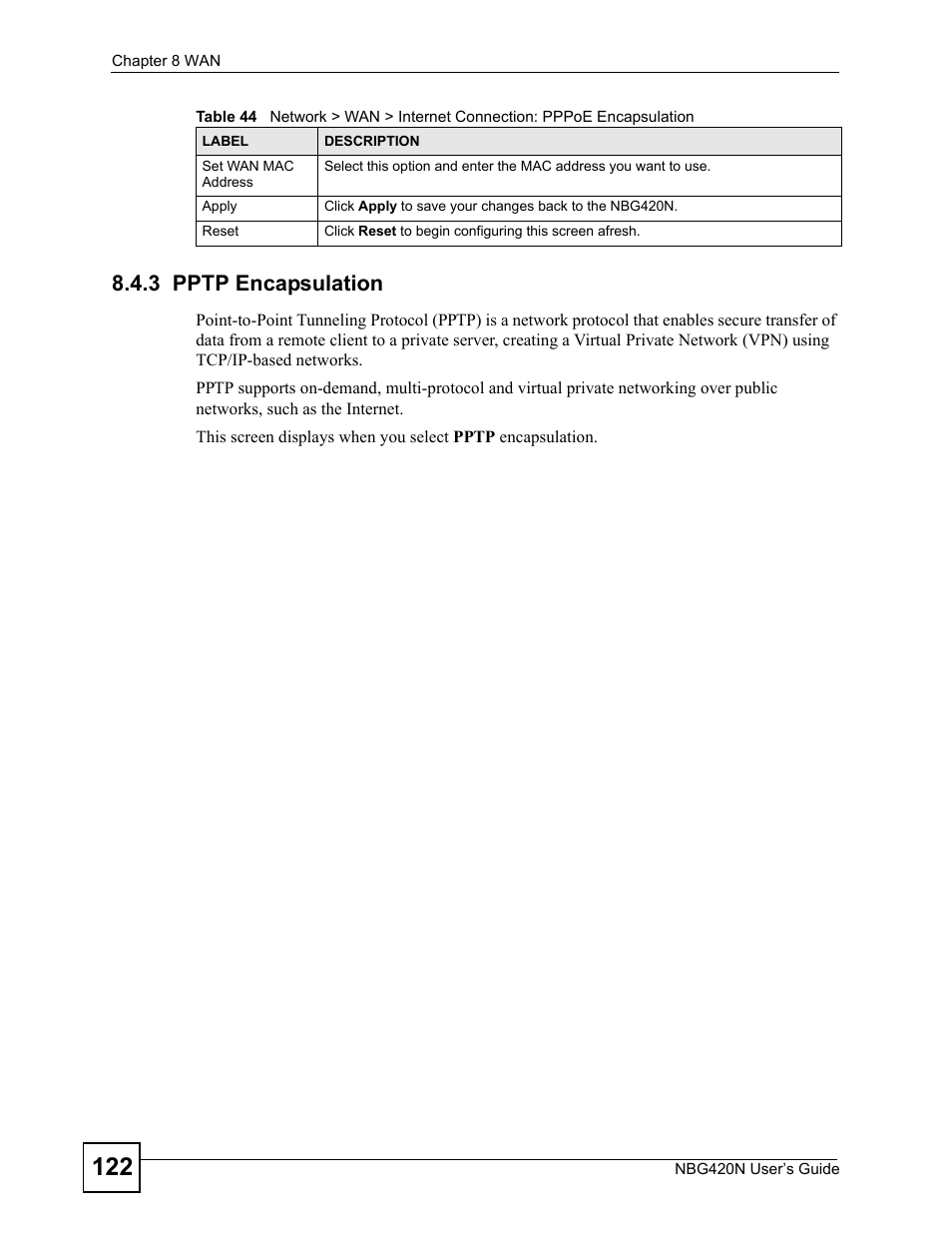 3 pptp encapsulation | ZyXEL Communications NBG420N User Manual | Page 122 / 340