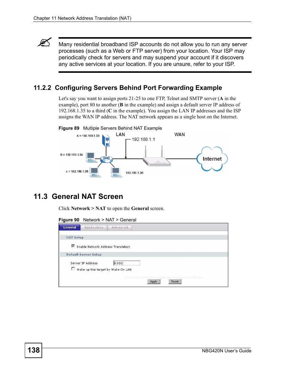 3 general nat screen | ZyXEL Communications NBG420N User Manual | Page 138 / 340