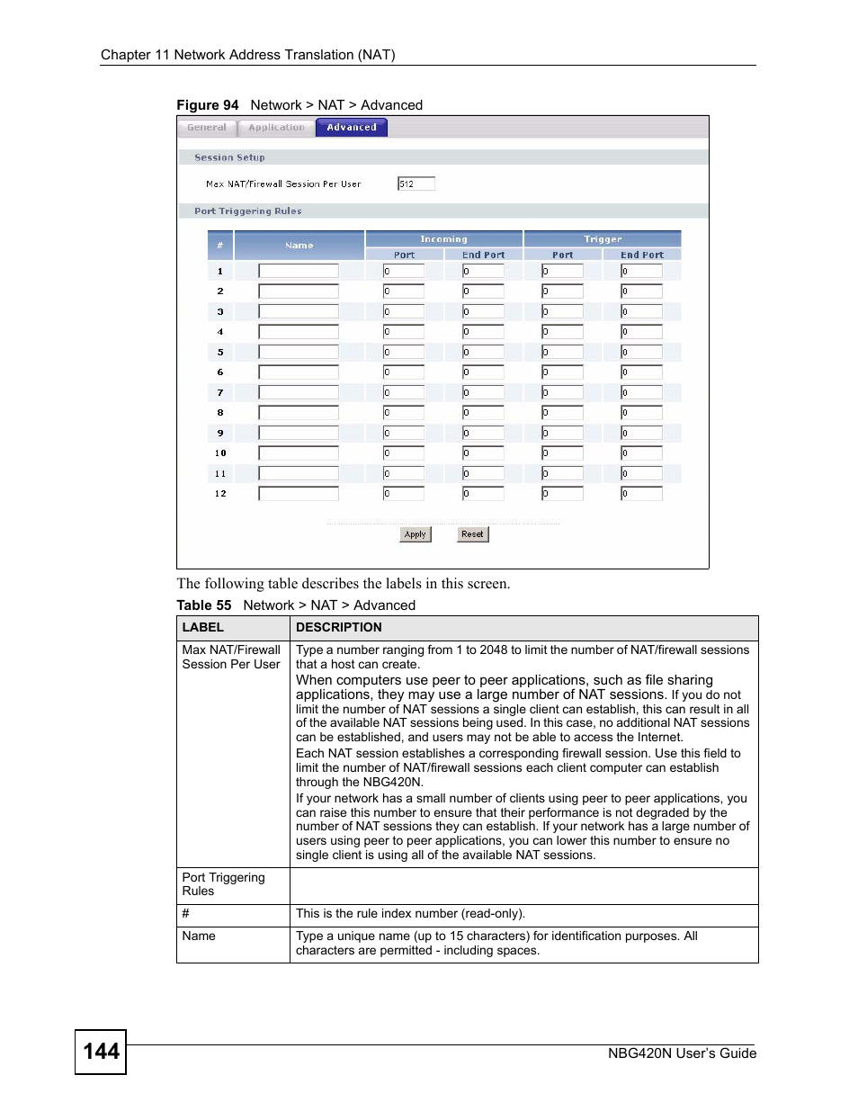 Figure 94 network > nat > advanced, Table 55 network > nat > advanced | ZyXEL Communications NBG420N User Manual | Page 144 / 340