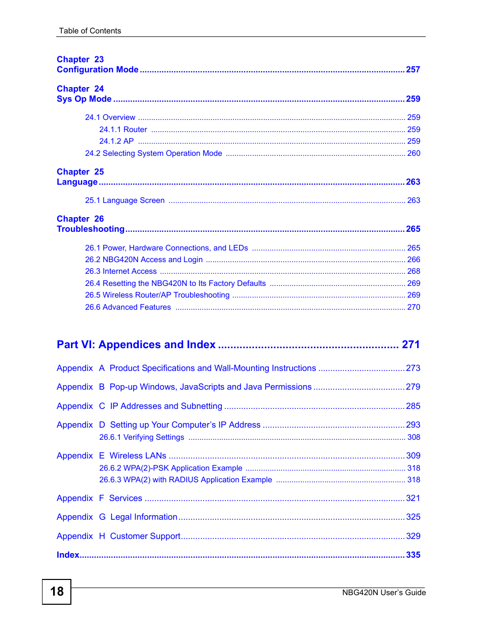 Part vi: appendices and index | ZyXEL Communications NBG420N User Manual | Page 18 / 340