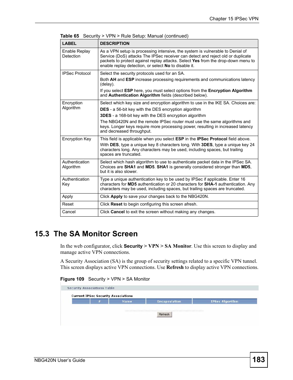 3 the sa monitor screen, Figure 109 security > vpn > sa monitor | ZyXEL Communications NBG420N User Manual | Page 183 / 340