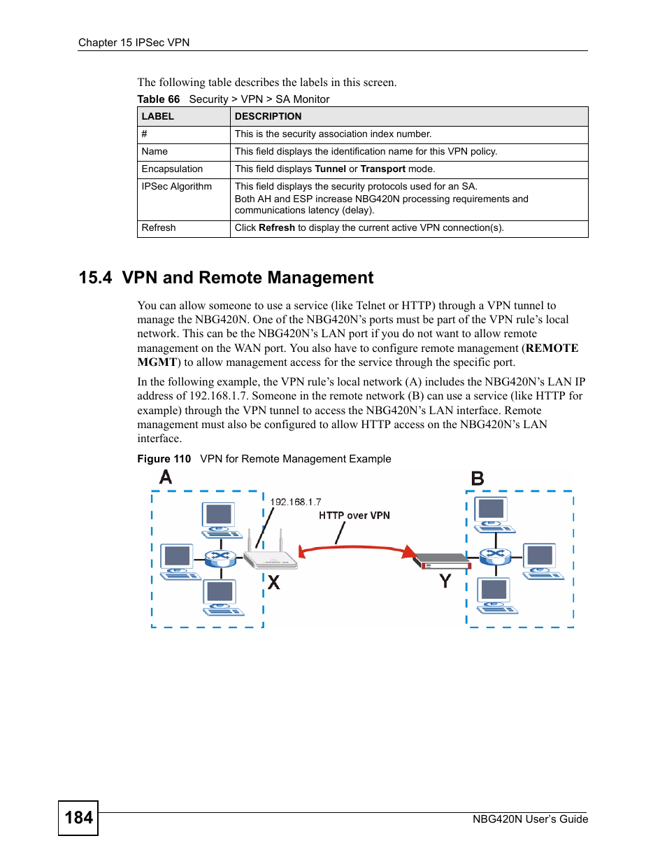 4 vpn and remote management, Figure 110 vpn for remote management example, Table 66 security > vpn > sa monitor | ZyXEL Communications NBG420N User Manual | Page 184 / 340