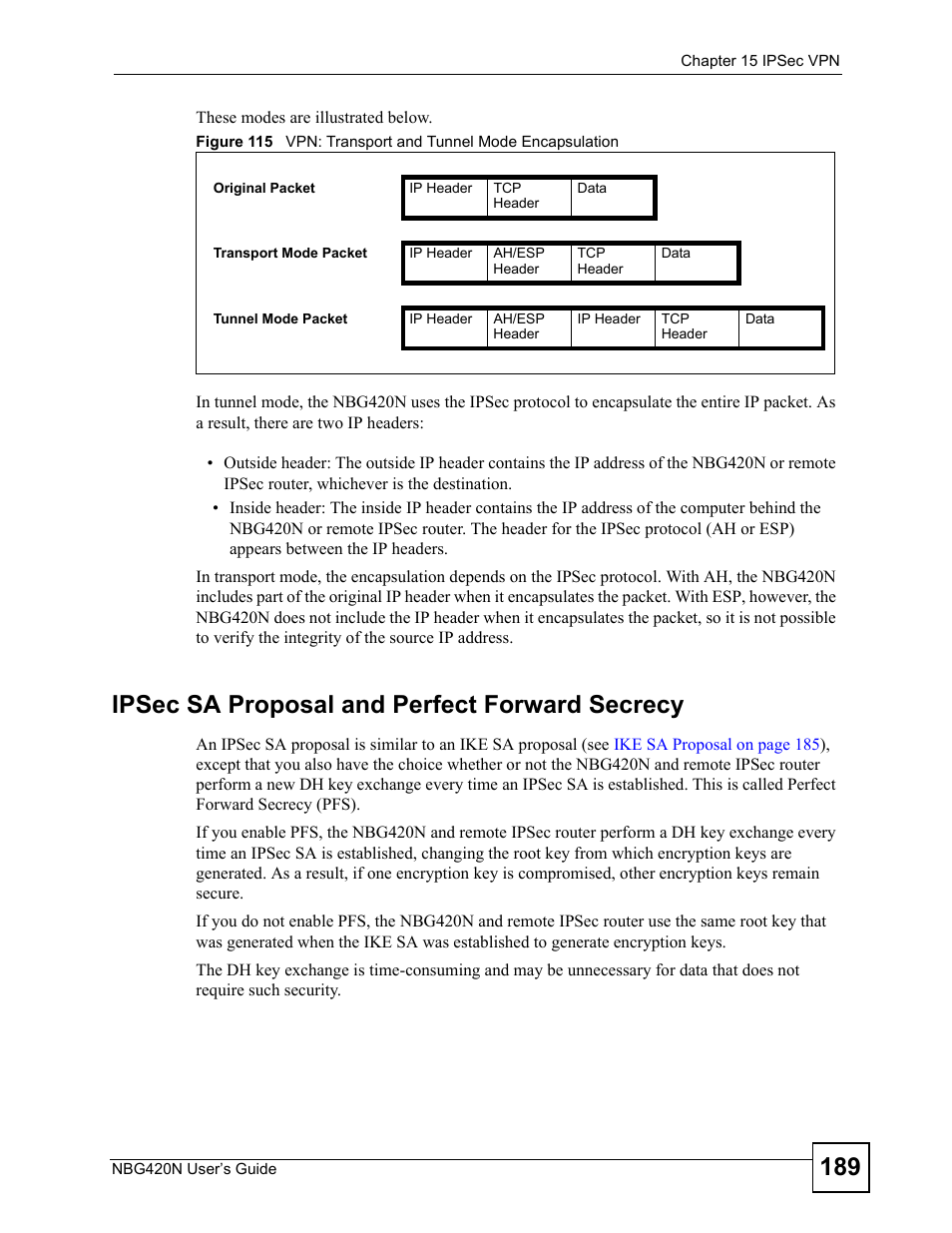 Ipsec sa proposal and perfect forward secrecy | ZyXEL Communications NBG420N User Manual | Page 189 / 340