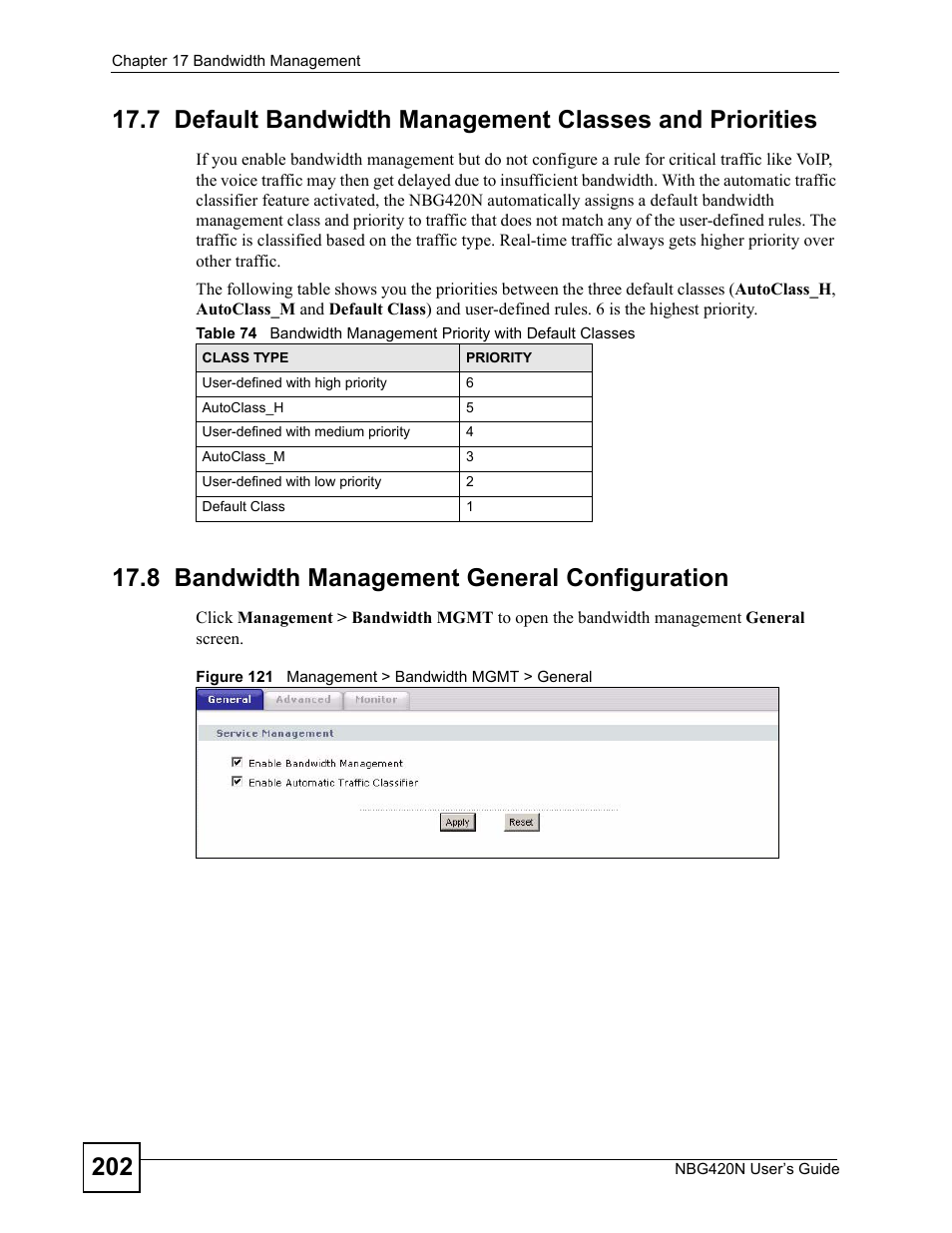 8 bandwidth management general configuration, Figure 121 management > bandwidth mgmt > general | ZyXEL Communications NBG420N User Manual | Page 202 / 340