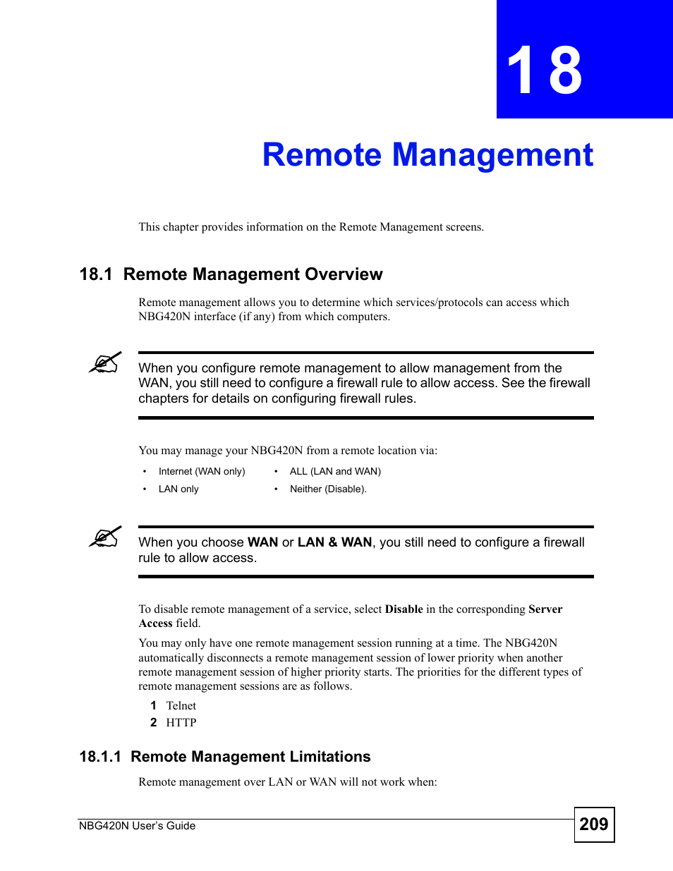 Remote management, 1 remote management overview, 1 remote management limitations | Chapter 18 remote management, Remote management (209) | ZyXEL Communications NBG420N User Manual | Page 209 / 340