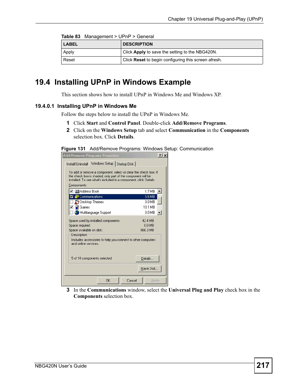 4 installing upnp in windows example, 1 installing upnp in windows me | ZyXEL Communications NBG420N User Manual | Page 217 / 340