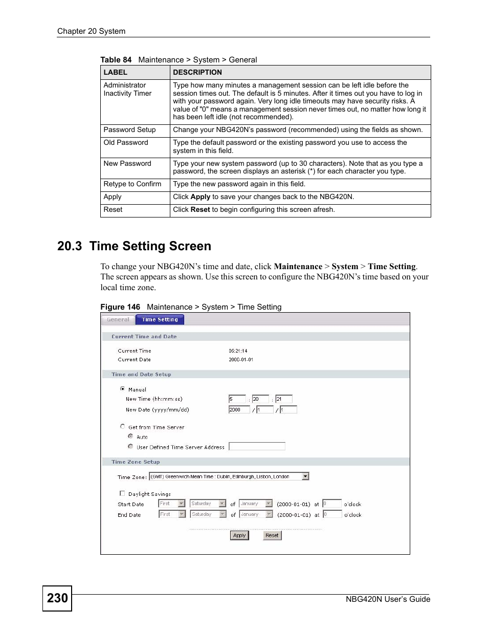 3 time setting screen, Figure 146 maintenance > system > time setting | ZyXEL Communications NBG420N User Manual | Page 230 / 340