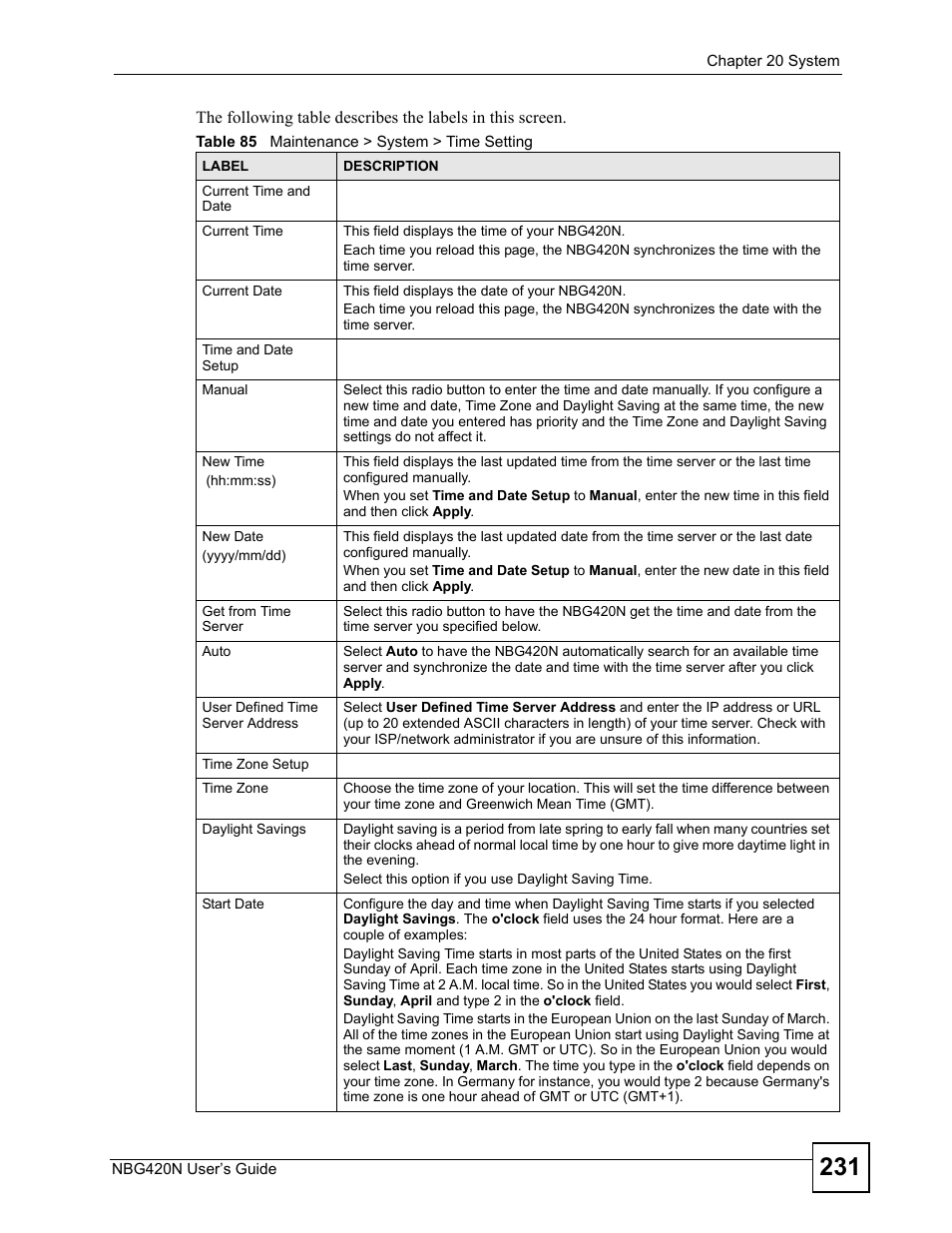 Table 85 maintenance > system > time setting | ZyXEL Communications NBG420N User Manual | Page 231 / 340