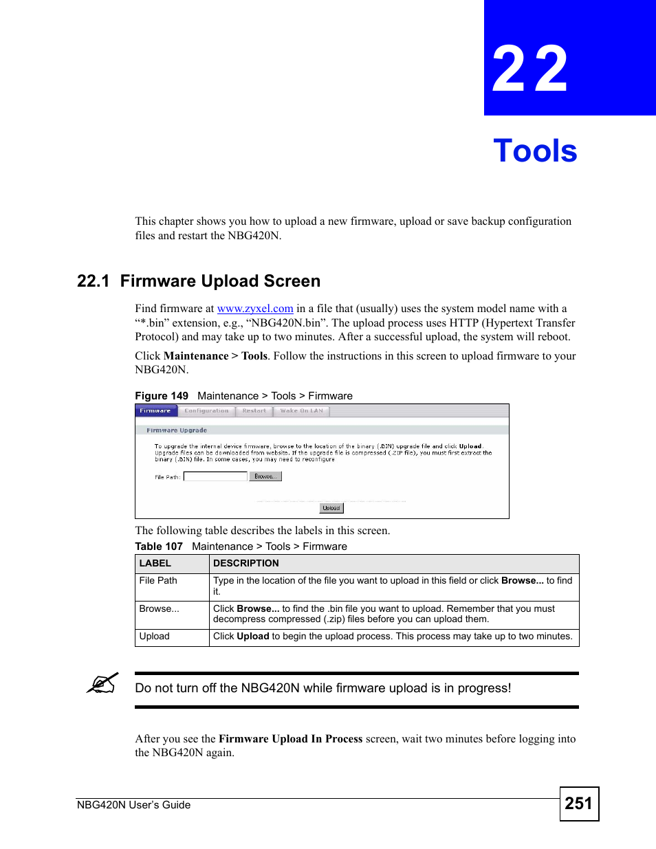 Tools, 1 firmware upload screen, Chapter 22 tools | Figure 149 maintenance > tools > firmware, Table 107 maintenance > tools > firmware, Tools (251) | ZyXEL Communications NBG420N User Manual | Page 251 / 340