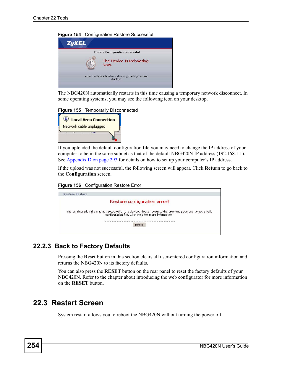 3 back to factory defaults, 3 restart screen | ZyXEL Communications NBG420N User Manual | Page 254 / 340