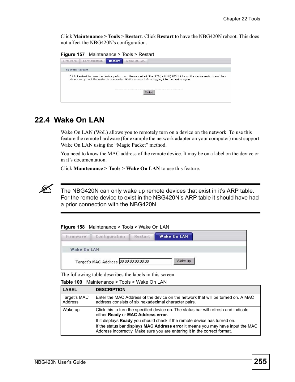 4 wake on lan, Table 109 maintenance > tools > wake on lan, N see | Section 22.4 on | ZyXEL Communications NBG420N User Manual | Page 255 / 340