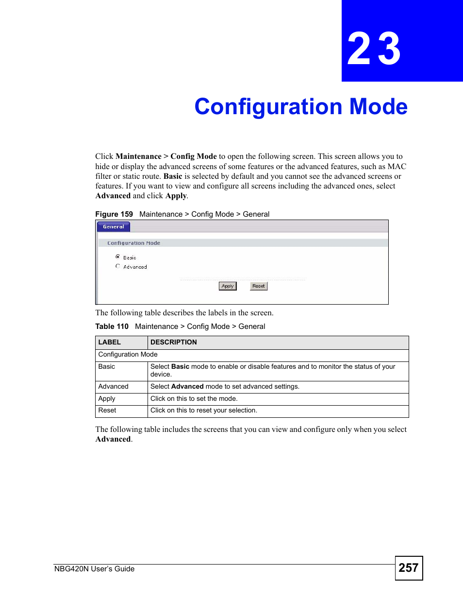 Configuration mode, Chapter 23 configuration mode, Figure 159 maintenance > config mode > general | Table 110 maintenance > config mode > general, Vanced configurator see, Configuration mode (257) | ZyXEL Communications NBG420N User Manual | Page 257 / 340