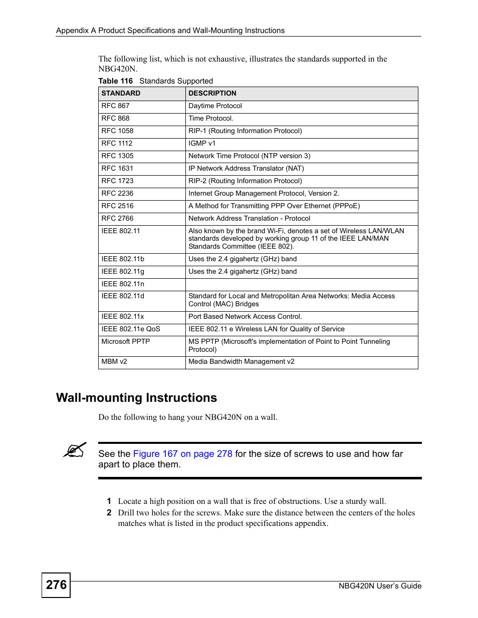 Table 116 standards supported, Wall-mounting instructions | ZyXEL Communications NBG420N User Manual | Page 276 / 340