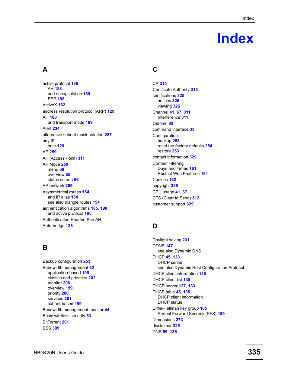 Index, Index (335) | ZyXEL Communications NBG420N User Manual | Page 335 / 340