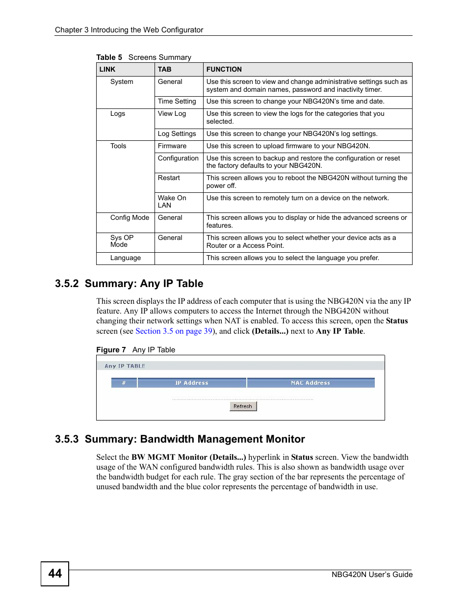 2 summary: any ip table, 3 summary: bandwidth management monitor, Figure 7 any ip table | ZyXEL Communications NBG420N User Manual | Page 44 / 340