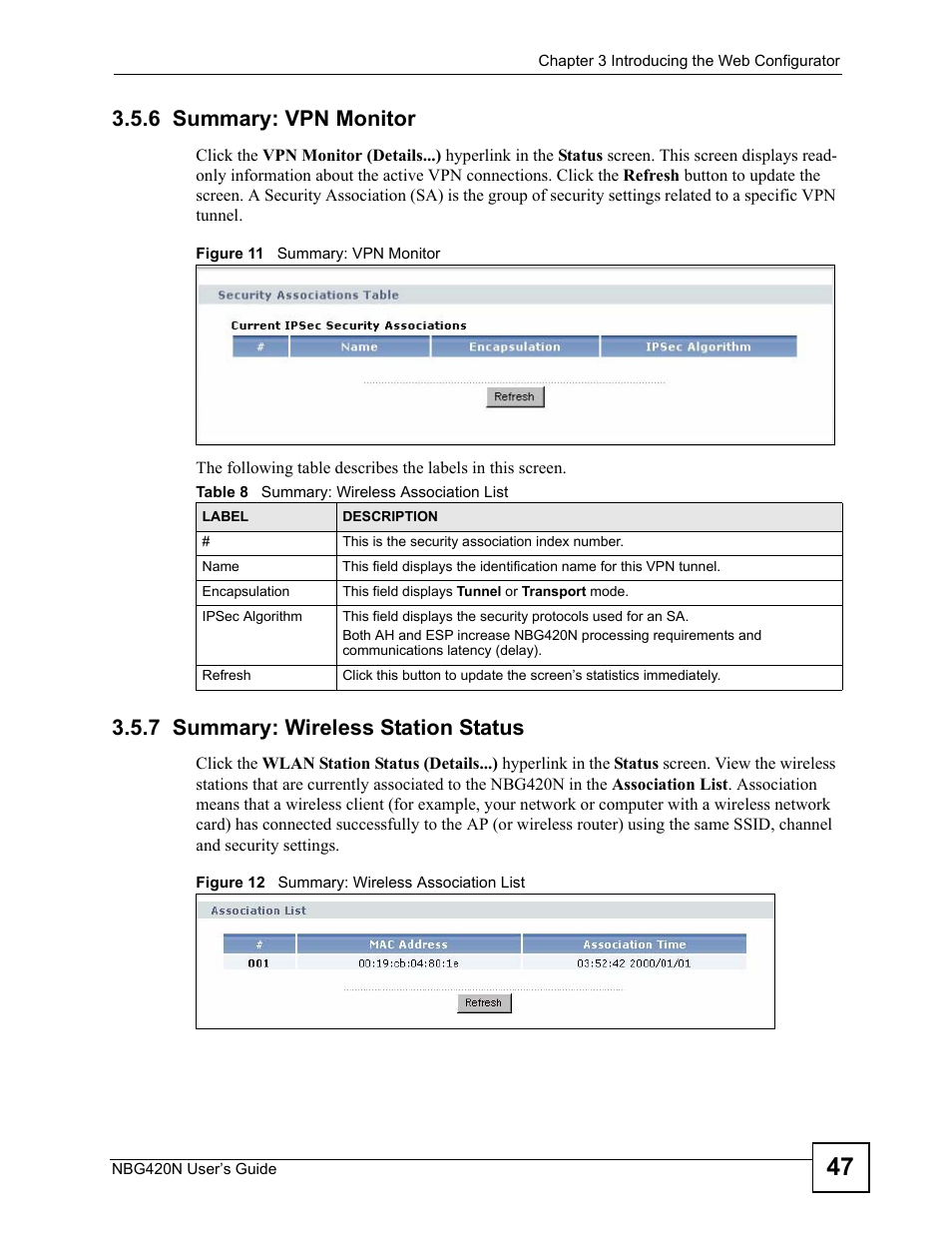 6 summary: vpn monitor, 7 summary: wireless station status, Table 8 summary: wireless association list | ZyXEL Communications NBG420N User Manual | Page 47 / 340