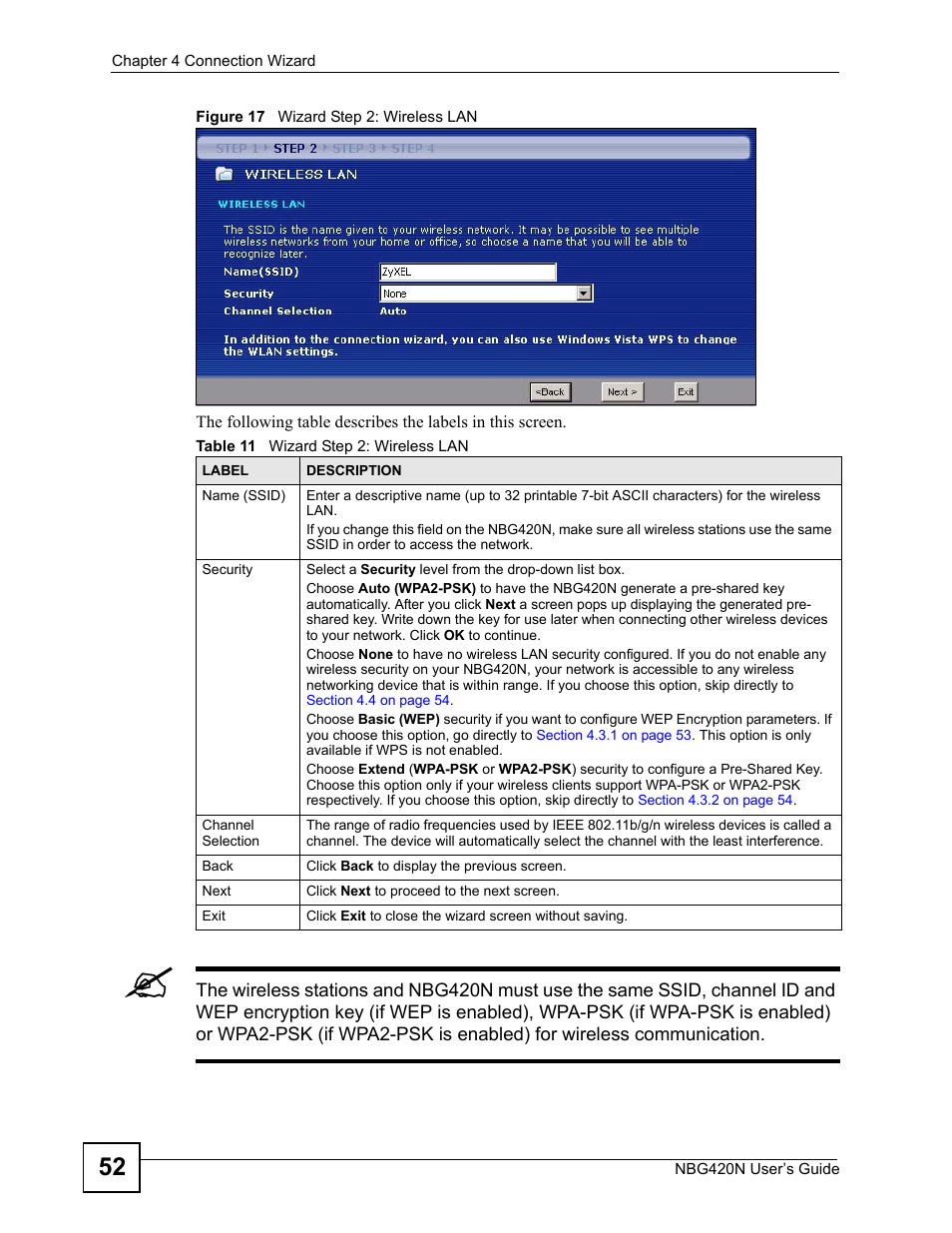 Figure 17 wizard step 2: wireless lan, Table 11 wizard step 2: wireless lan | ZyXEL Communications NBG420N User Manual | Page 52 / 340