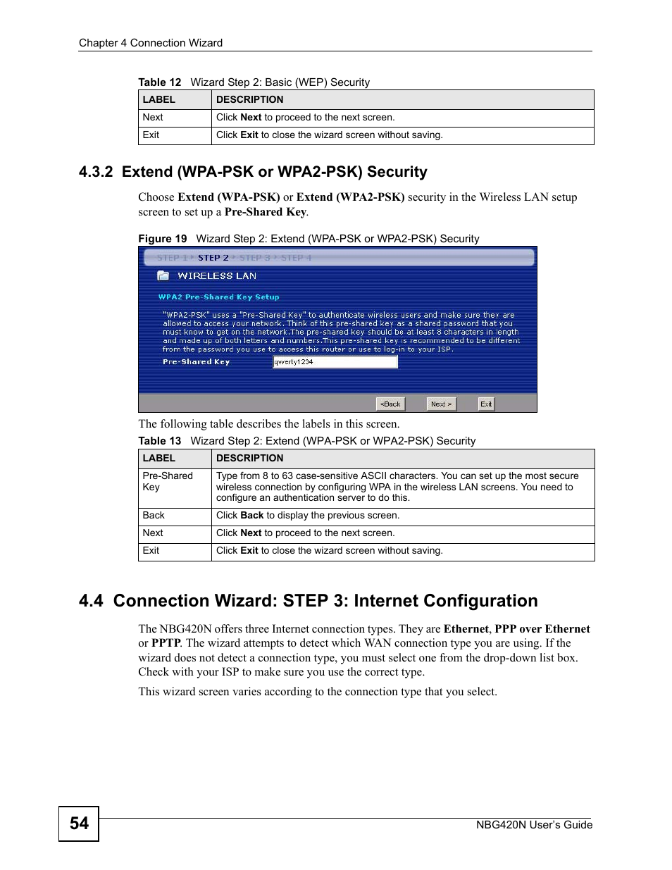 2 extend (wpa-psk or wpa2-psk) security | ZyXEL Communications NBG420N User Manual | Page 54 / 340