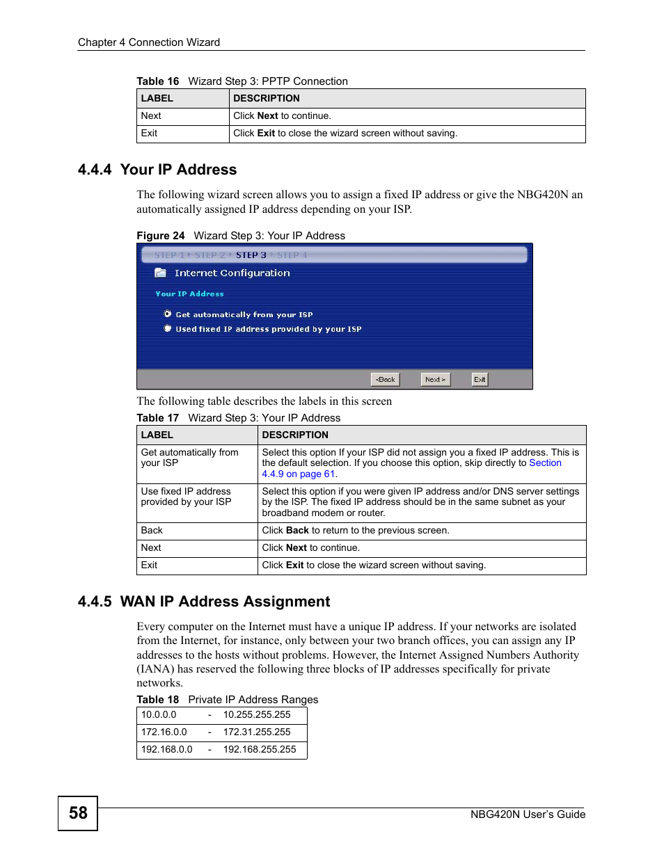 4 your ip address, 5 wan ip address assignment, 4 your ip address 4.4.5 wan ip address assignment | Figure 24 wizard step 3: your ip address | ZyXEL Communications NBG420N User Manual | Page 58 / 340