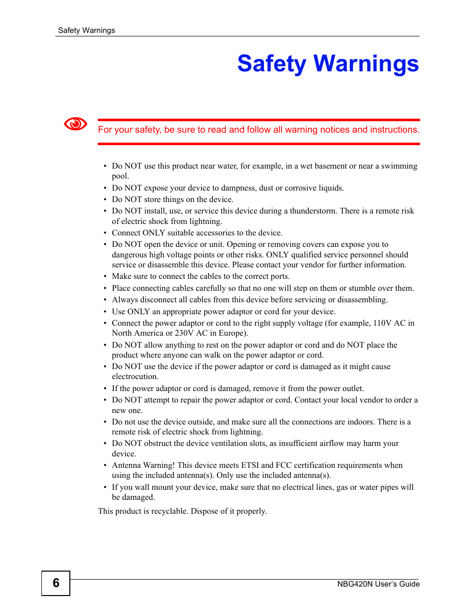 Safety warnings | ZyXEL Communications NBG420N User Manual | Page 6 / 340