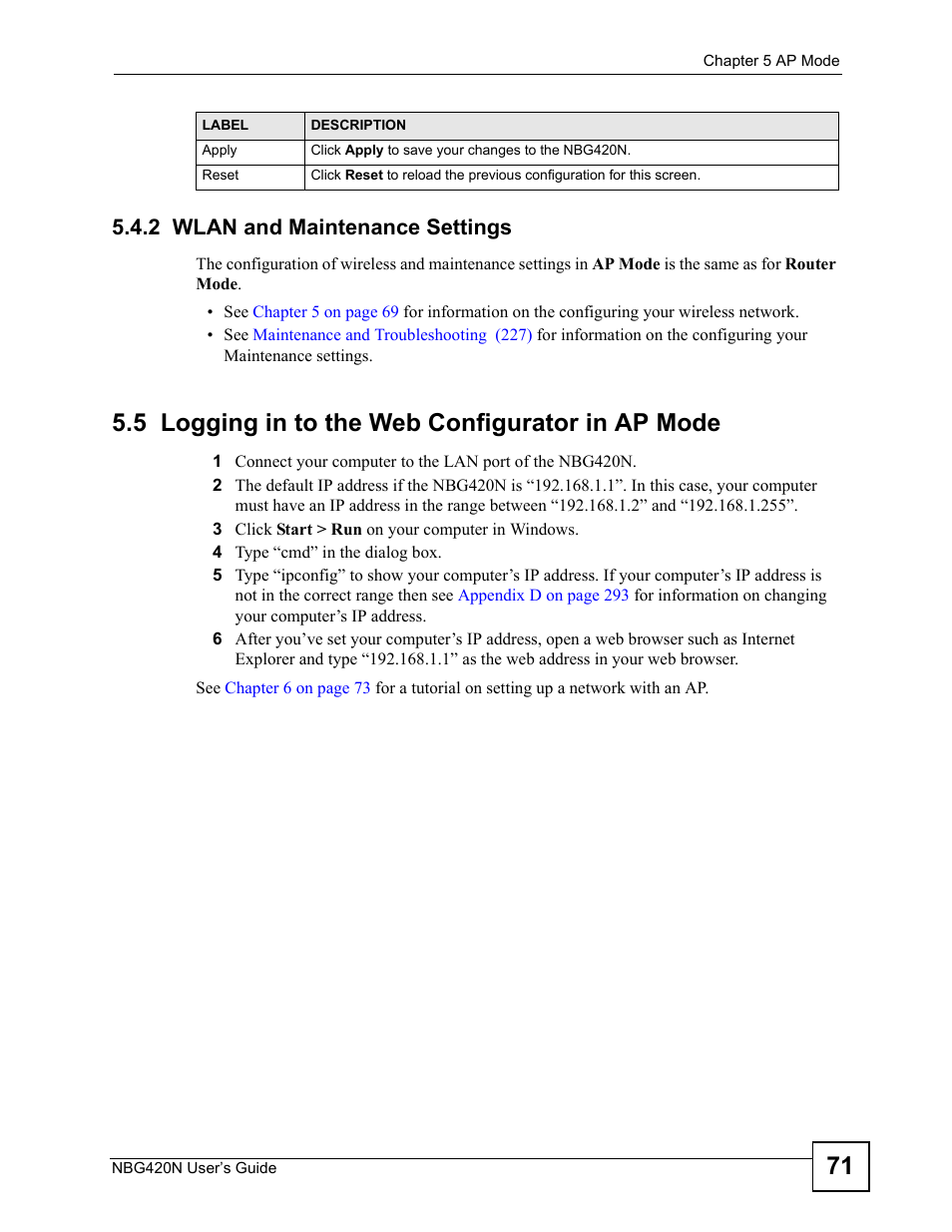 2 wlan and maintenance settings, 5 logging in to the web configurator in ap mode | ZyXEL Communications NBG420N User Manual | Page 71 / 340