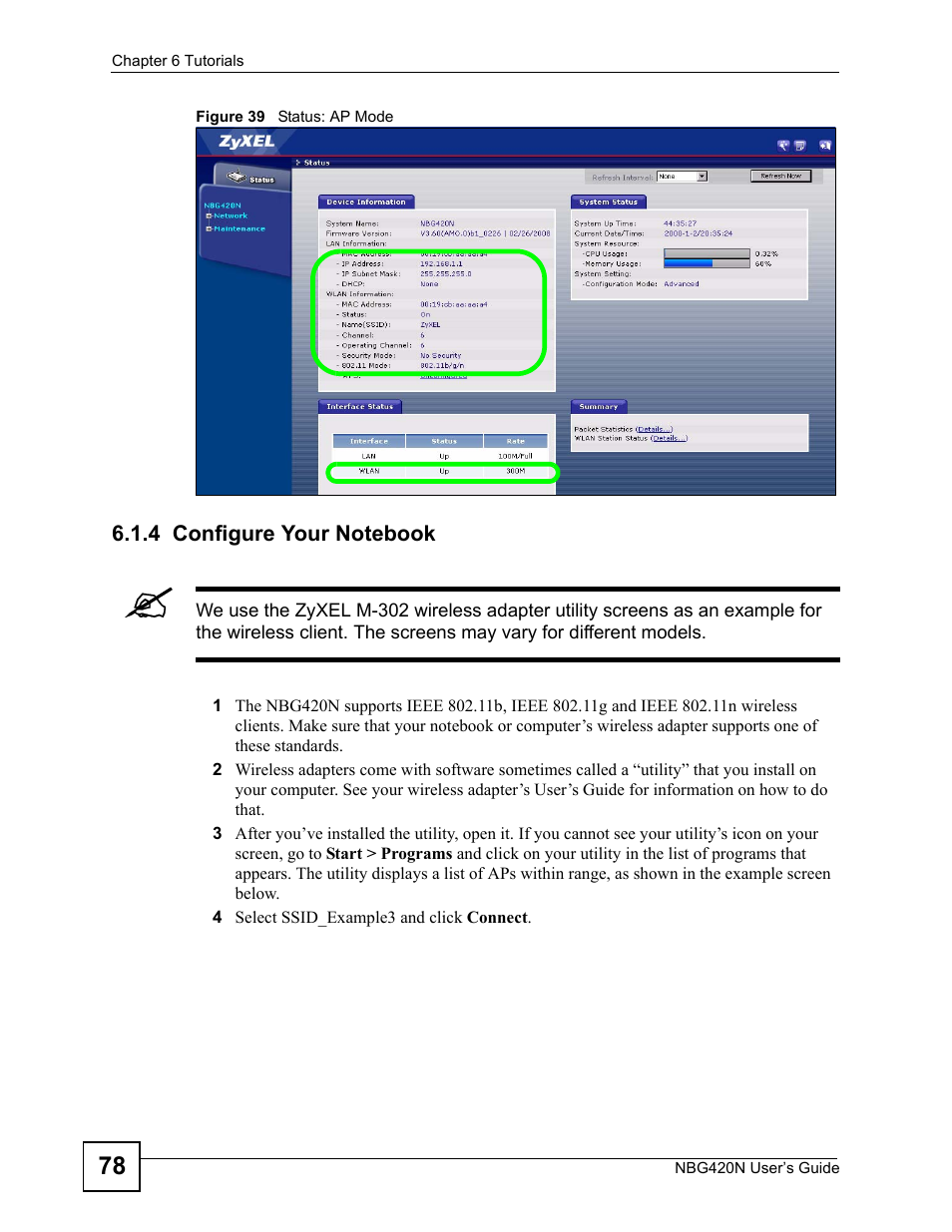 4 configure your notebook, Figure 39 status: ap mode | ZyXEL Communications NBG420N User Manual | Page 78 / 340