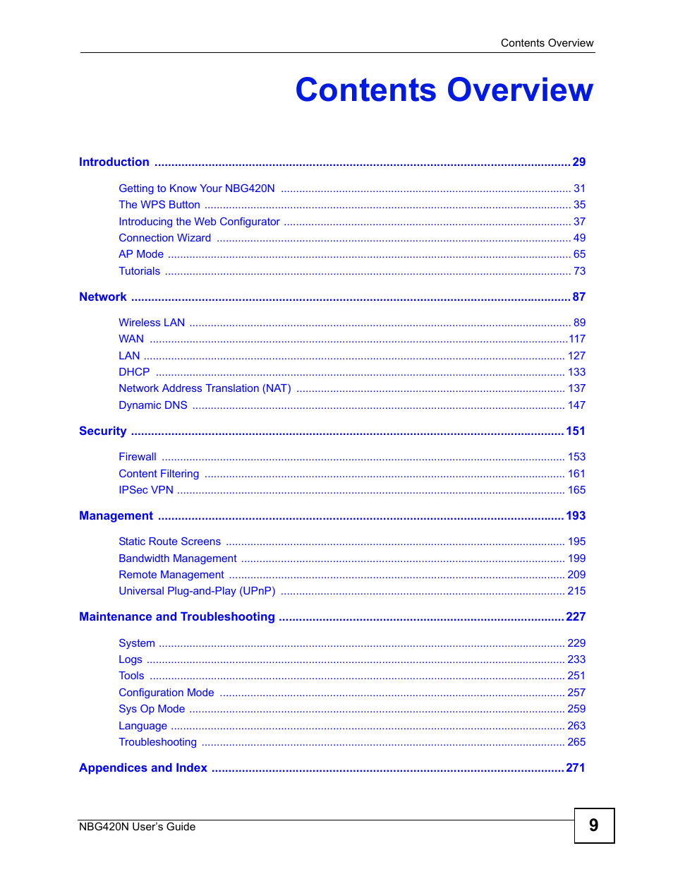 Contents overview | ZyXEL Communications NBG420N User Manual | Page 9 / 340