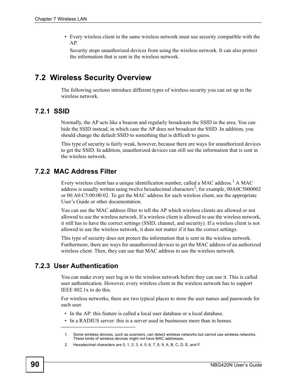 2 wireless security overview, 1 ssid, 2 mac address filter | 3 user authentication | ZyXEL Communications NBG420N User Manual | Page 90 / 340