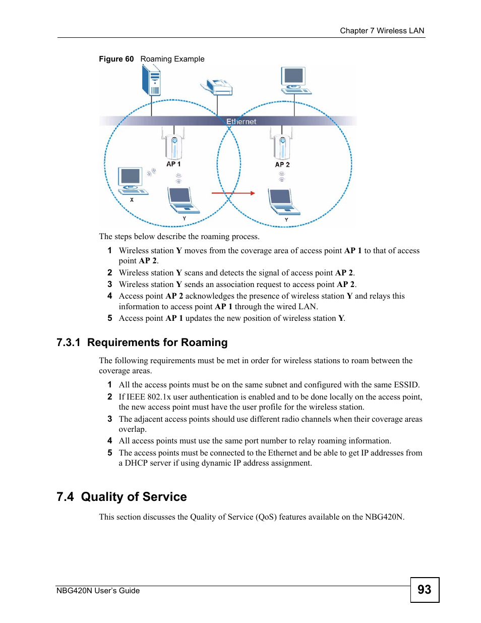1 requirements for roaming, 4 quality of service, Figure 60 roaming example | ZyXEL Communications NBG420N User Manual | Page 93 / 340