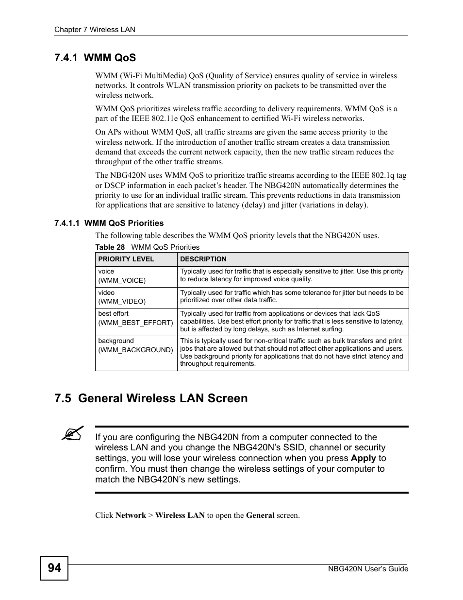1 wmm qos, 1 wmm qos priorities, 5 general wireless lan screen | Table 28 wmm qos priorities | ZyXEL Communications NBG420N User Manual | Page 94 / 340