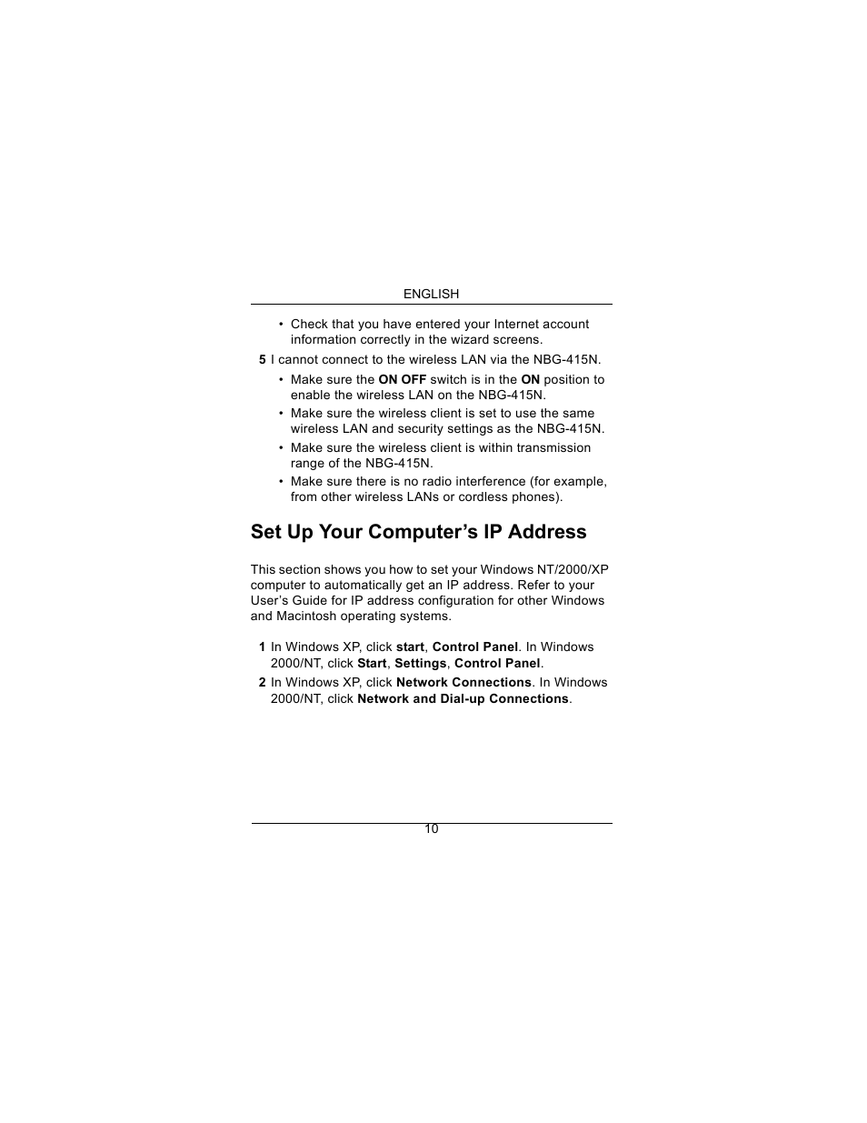 Set up your computer’s ip address | ZyXEL Communications Draft 802.11n Wireless Broadband 1-NBG-415N User Manual | Page 11 / 109